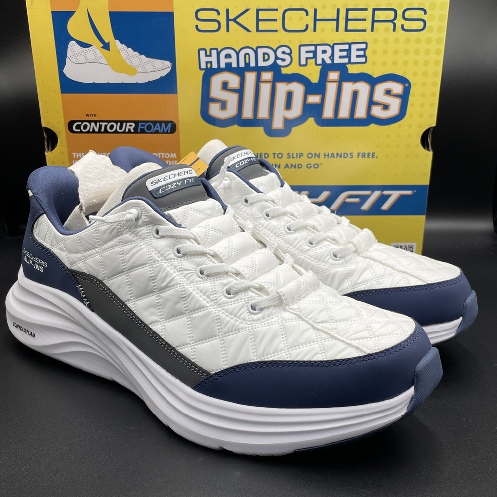 Skechers Contour Foam Cozy Fit Mens Size 8.5 Wide White Navy Shoes NEW